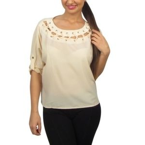 Cream 3/4 Sleeve Top with Zig Zag Lace Detail Blouse